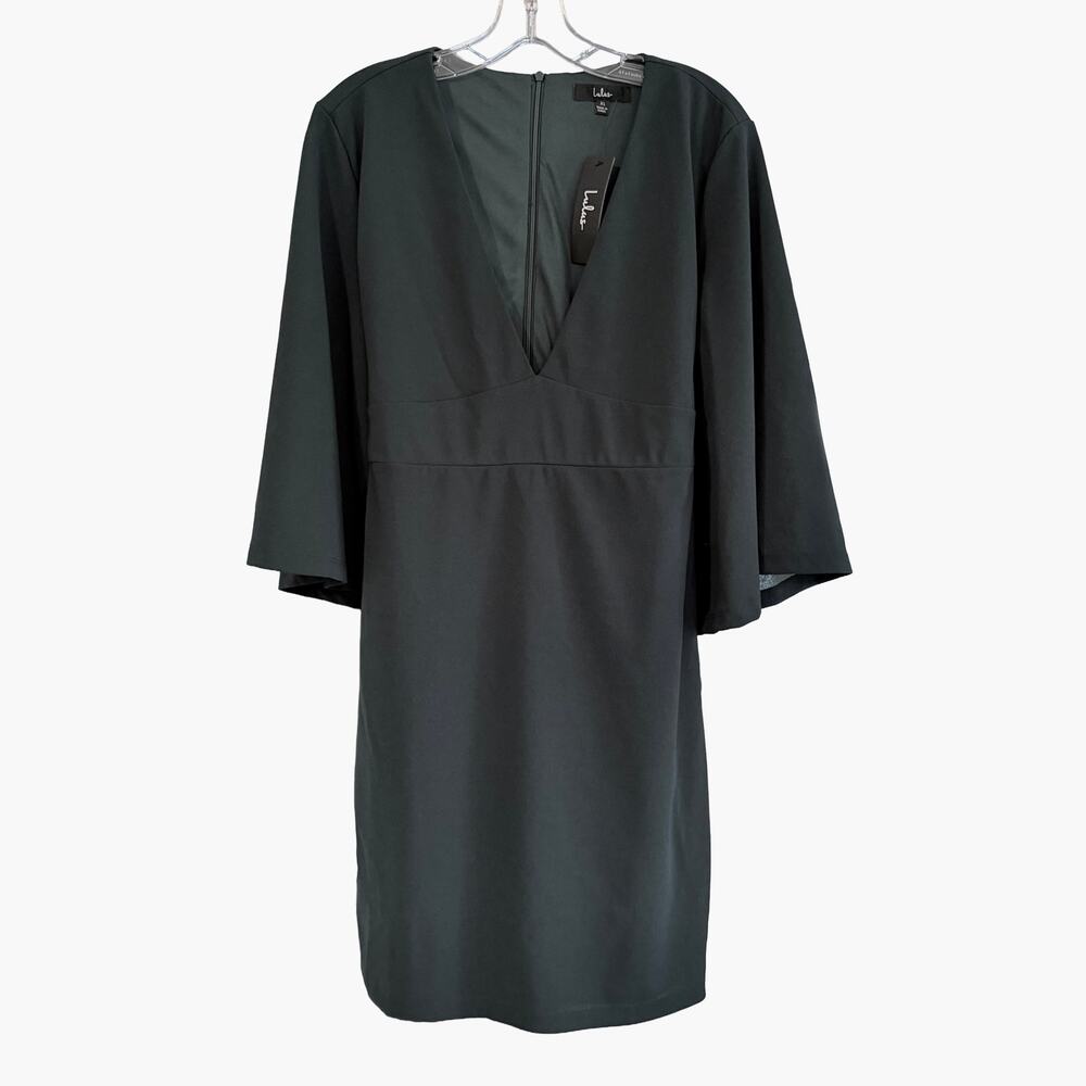 NWT Lulus Forest Green Bell Sleeve V-Neck Tie-Back Mini Dress XL